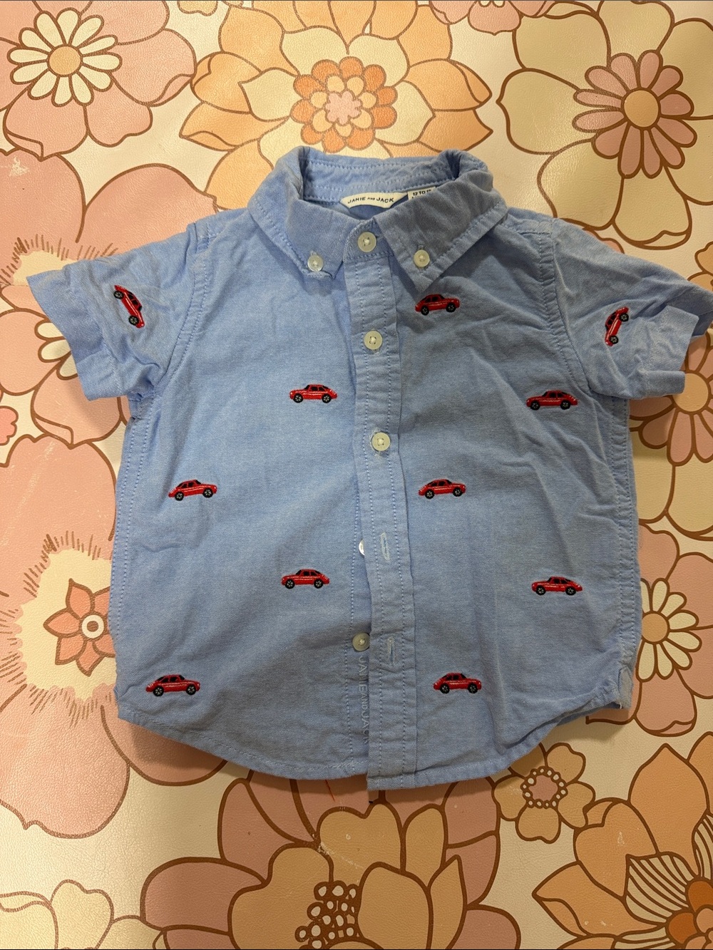 Janie and Jack Button-Down Light Blue Kids Shirt with Red Car Embroidery